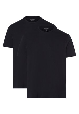Two black crew neck t-shirts made of cotton, featuring short sleeves and a small logo on the chest. Smooth texture, plain design.