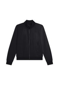 Chaqueta bomber negra con cremallera y cuello alzado, mangas raglán, bolsillos laterales, puños y dobladillo de canalé, hecha de una tela suave.