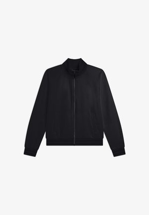 Chaqueta bomber negra con cremallera y cuello alzado, mangas raglán, bolsillos laterales, puños y dobladillo de canalé, hecha de una tela suave.