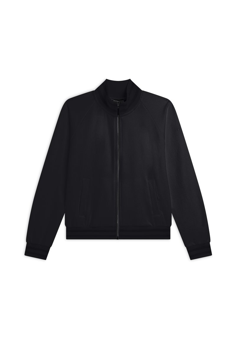 Chaqueta bomber negra con cremallera y cuello alzado, mangas raglán, bolsillos laterales, puños y dobladillo de canalé, hecha de una tela suave.