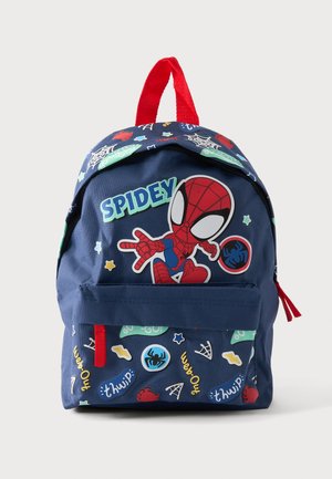 Mochila azul marino para niños con asa roja, dibujo animado de Spider-Man, texto "SPIDEY", telaraña, iconos de arañas y efectos de sonido estilo cómic.