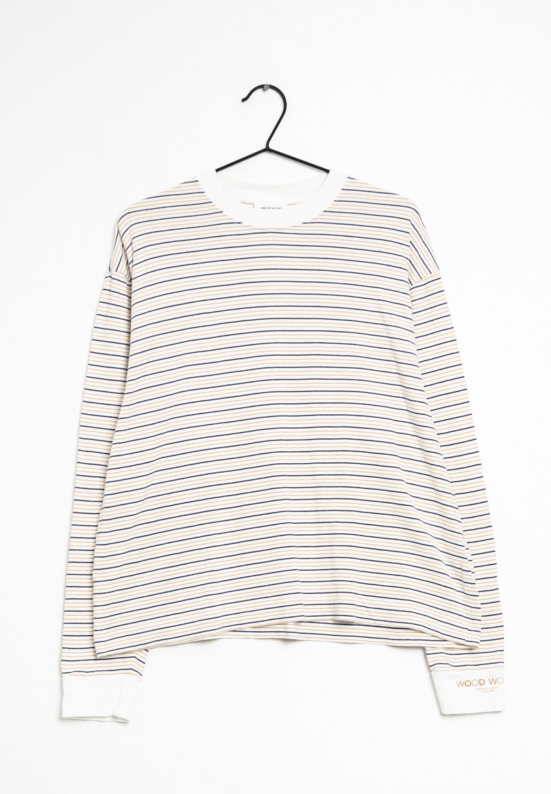 Chemise à manches longues à rayures présentant de fines lignes horizontales beiges et bleues, fabriquée en tissu doux, avec un col rond blanc et des poignets.