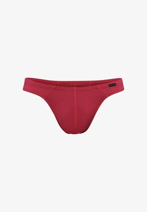 Red men's brief-style underwear with subtle horizontal stripes and a small black brand tag on the waistband.