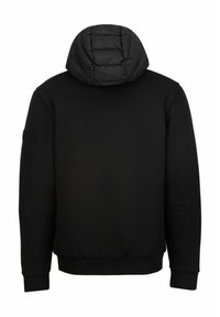 Schwarzer Sweatshirt mit einer gesteppte Kapuze, ausgestattet mit einer glatten Textur, Rippbündchen und einem elastischen Saum. Minimalistisches Design ohne sichtbare Logos.