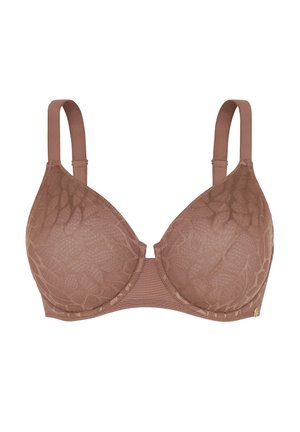 Brauner Bügel-BH mit Spitzenbesatz, glatten Cups, verstellbaren Trägern und einem dezenten geometrischen Muster auf dem Stoff. Weiche Textur durchgehend.