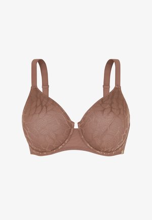 Soutien-gorge marron à armatures avec dentelle, bonnets lisses, bretelles réglables et un motif géométrique subtil sur le tissu. Texture douce partout.