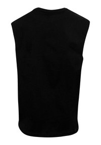 Sort ærmeløs t-shirt lavet af bomuld; glat tekstur, rund hals, afrundet kant. Enkelt design uden synlige mønstre eller accenter.