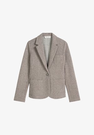 Szary wełniany blezer z klapą z wycięciem, zapięciem na pojedynczy guzik i wsuwanymi kieszeniami z przodu. Miękka faktura z subtelnym, nakrapianym wzorem.
