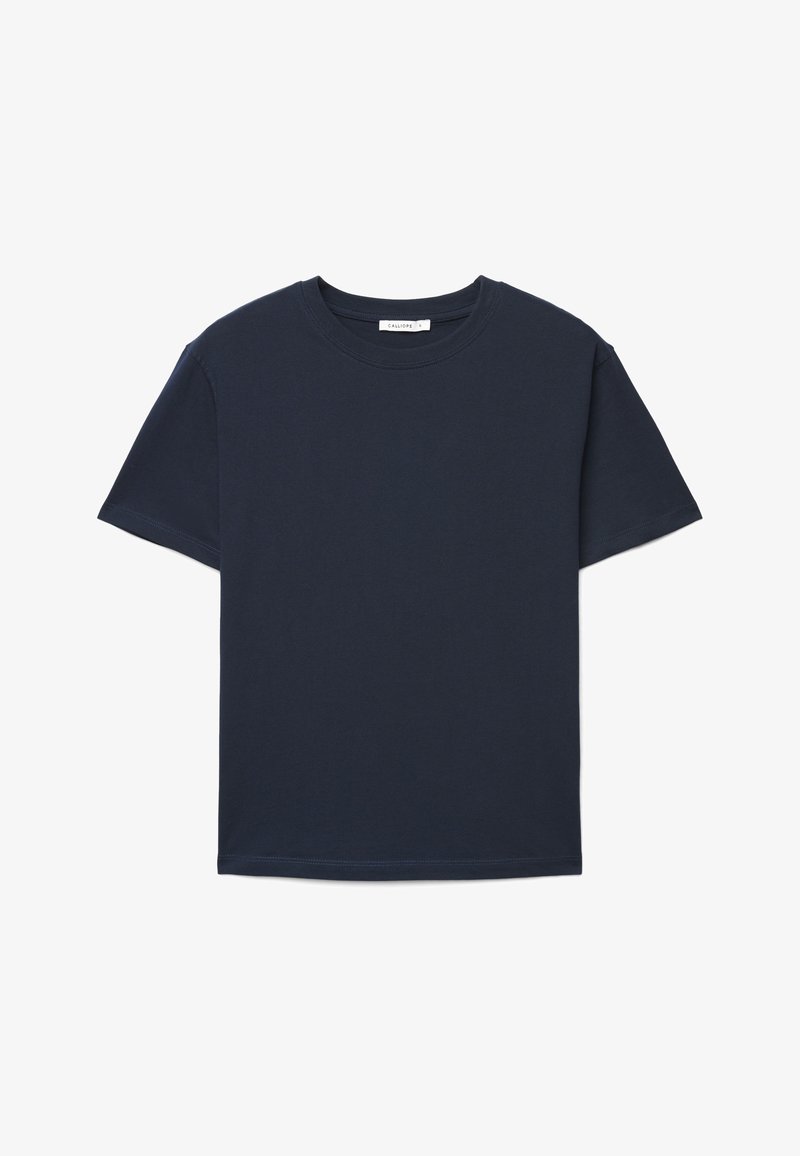 Maglietta a maniche corte blu navy con scollo rotondo, taglio semplice e piccola etichetta bianca all'interno del colletto.