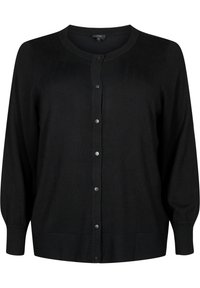 Schwarze Strickjacke mit Rundhals, langen Ärmeln, gerippten Bündchen und Saum sowie einer Vorderknopfverschlüsse. Hergestellt aus einem glatten Strickmaterial.
