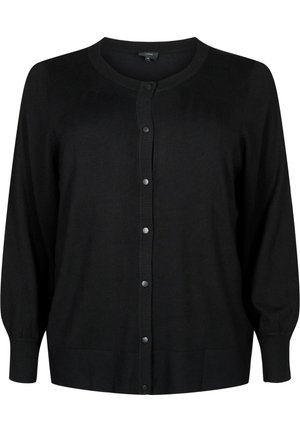 Black cardigan with a round neck, long sleeves, ribbed cuffs and hem, and front button closure. Made of a smooth knit material.