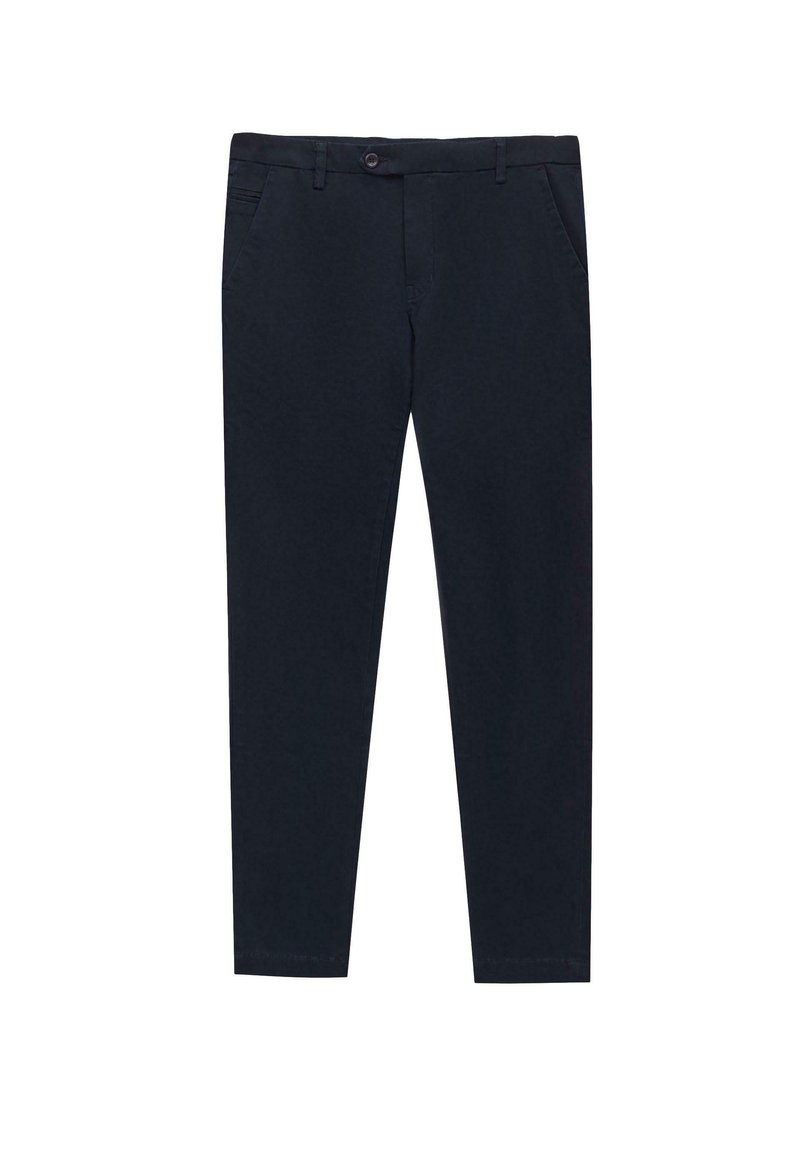 Granatowe spodnie bawełniane o slim fit, z dwiema bocznymi kieszeniami, zapięciem na guzik z przodu i gładką teksturą. Klasyczny design.