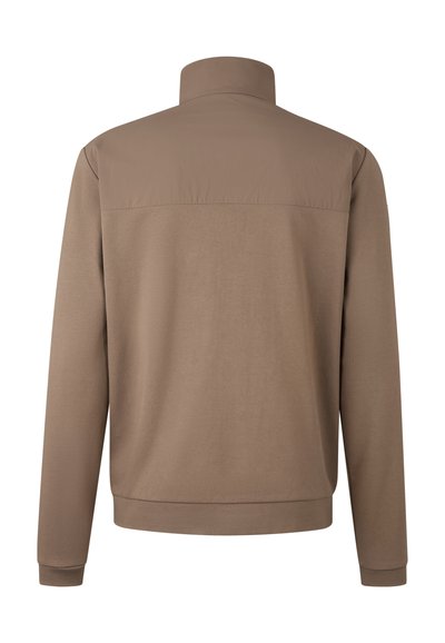 Brown sweatshirt with a high collar, long sleeves, and a smooth, soft texture. Features a contrasting upper panel and ribbed cuffs.