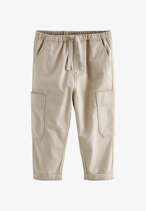 Pantalon en coton beige avec une taille élastique et un cordon de serrage réglable, comportant deux poches latérales et deux poches cargo sur les cuisses.