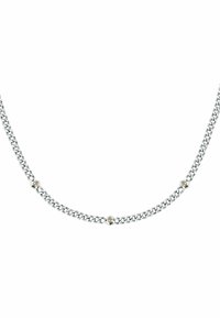 Collana di catena argento con anelli intrecciati, caratterizzata da tre accenti circolari dorati distribuiti uniformemente lungo la catena.