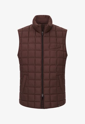 Brązowa kamizelka ocieplana z wysokim kołnierzem, zapięciem na zamek błyskawiczny i kwadratowym wzorem pikowania. Oferuje boczne kieszenie oraz kieszeń na piersi dla dodatkowej funkcjonalności.