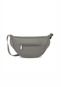Borsa a tracolla in tessuto grigio dalla forma a mezza luna, con una tasca anteriore con zip e una tracolla regolabile. Texture liscia e design minimalista.