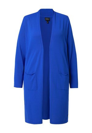 Cardigan lungo con apertura frontale, di colore blu reale, con maniche lunghe e due tasche applicate frontali.