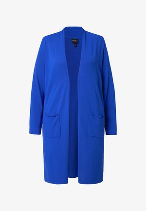 Długi kardigan w kolorze królewskiego niebieskiego z otwartym przodem, długimi rękawami i dwoma naszywanymi kieszeniami z przodu.