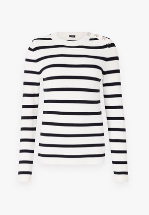 Strikket sweater med striber i hvid og navyblå, med rund hals, lange ærmer og dekorative knapper på skulderen.