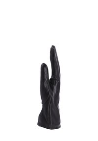 Guanto in pelle nera con design aderente, texture liscia e costruzione a cinque dita, dotato di polsino allungato per una copertura extra.