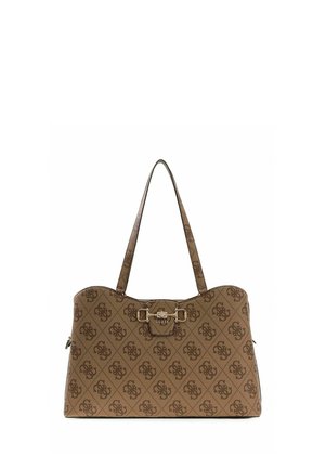 Sac à main marron Guess avec motif monogramme intégral, double bandoulière et détail de boucle dorée sur le devant.