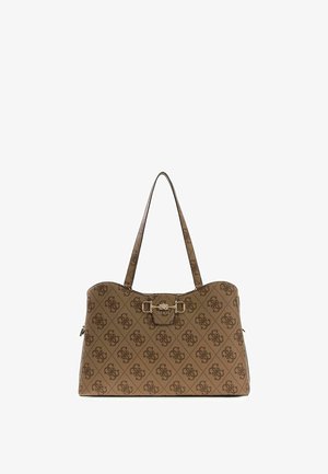 Sac à main marron Guess avec motif monogramme intégral, double bandoulière et détail de boucle dorée sur le devant.