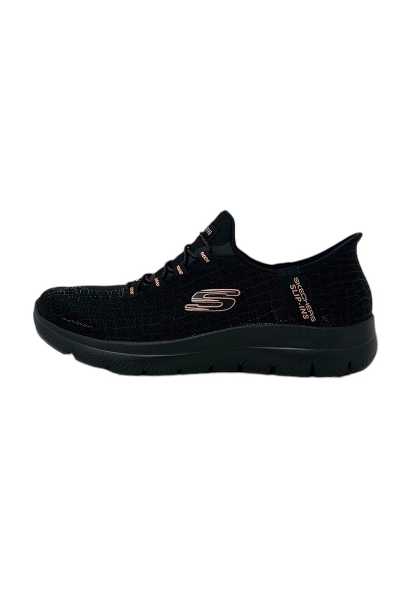 Black athletic shoes with a textured surface, featuring a cushioned sole and a subtle logo. Lace-up design with contrasting accents.