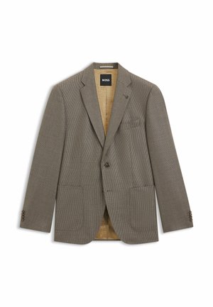 Brown textured two-button blazer with notch lapels, patch pockets, and beige patterned inner lining by BOSS.
