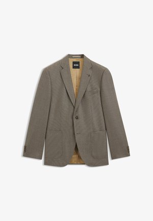 Brown textured two-button blazer with notch lapels, patch pockets, and beige patterned inner lining by BOSS.