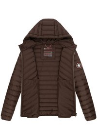 Bruine pufferjack met een capuchon, voorzien van een ritssluiting, horizontale stiksels, twee voorzakken en een logo patch op de mouw.