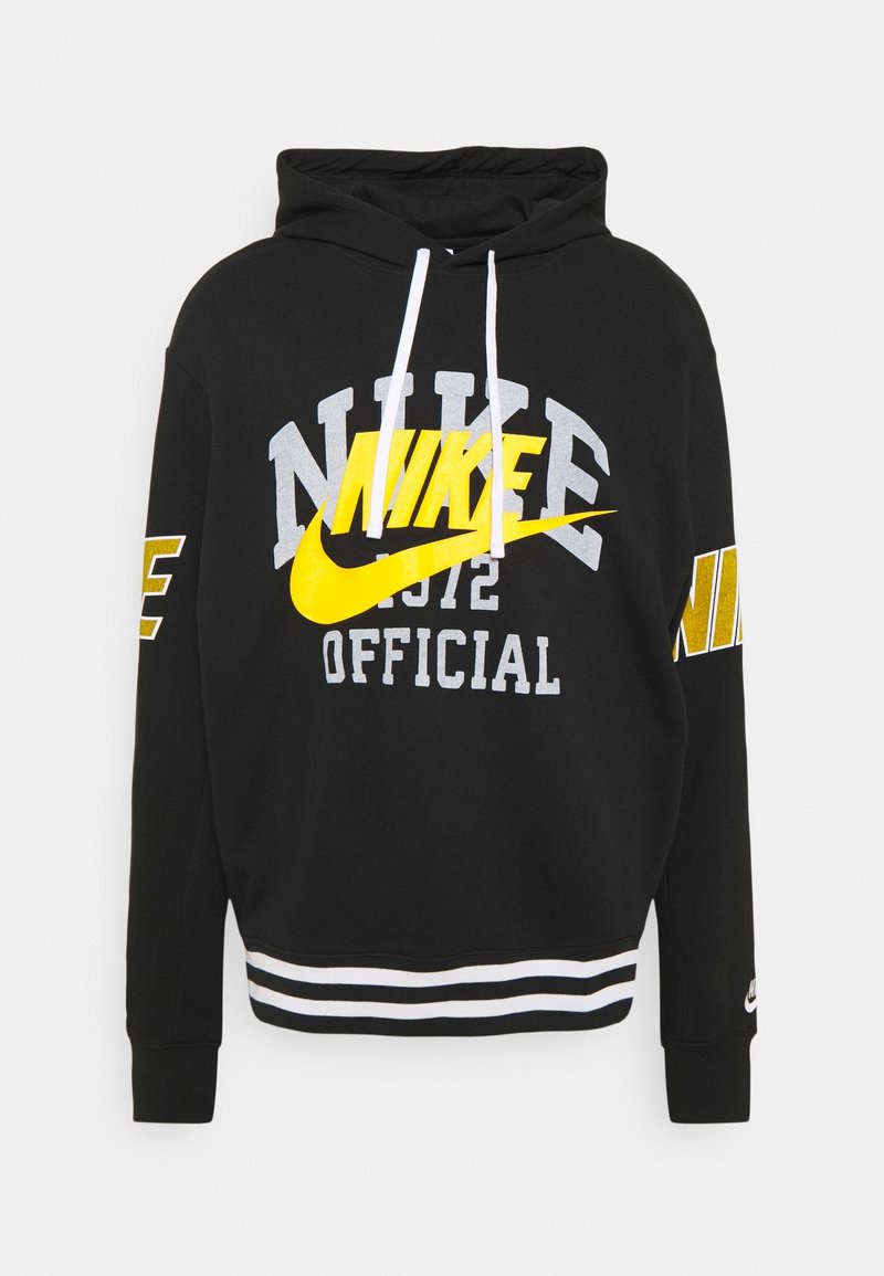 Black hoodie with white drawstrings, featuring yellow and gray Nike graphics, striped hem, and logo accents on sleeves.