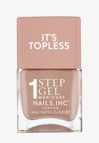 Nagellackflaska med en fyrkantig glasbas och ett rundat rosa lock. Etiketten lyder "1 STEP GEL MANICURE NAILS.INC LONDON," nyansnamn: "IT'S TOPLESS."