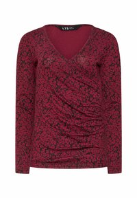 Bordeaux-rotes Langarmoberteil mit V-Ausschnitt und schwarzem Blumenmuster. Verfügt über eine geraffte Detail auf der linken Seite und einen weichen, texturierten Stoff.