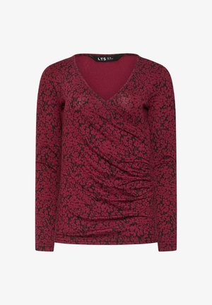 Bordeaux-rotes Langarmoberteil mit V-Ausschnitt und schwarzem Blumenmuster. Verfügt über eine geraffte Detail auf der linken Seite und einen weichen, texturierten Stoff.