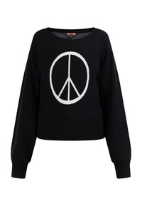 Svart kort tröja i mjukt stickat material, med en stor vit fredssymbol i mitten. Långa ärmar med ribbad mudd och nederkant.