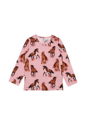 Pink long-sleeve children's shirt with a pattern of brown horses in various running and standing poses.