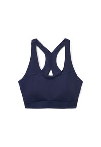 Marineblauer Sport-BH mit Racerback-Design aus glattem Stoff. Verfügt über einen breiten Unterbrustbund und saubere Nähte für Unterstützung.