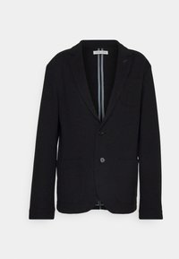 Schwarzer Blazer aus strukturiertem Material, mit Reverskragen, zwei Fronttaschen, einer Knopfverschluss und kontrastierender Innenauskleidung.