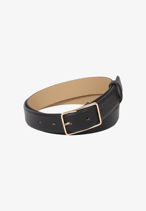 Black leather belt with a textured finish, featuring a gold-tone metal buckle, multiple sizing holes, and a smooth inner lining.