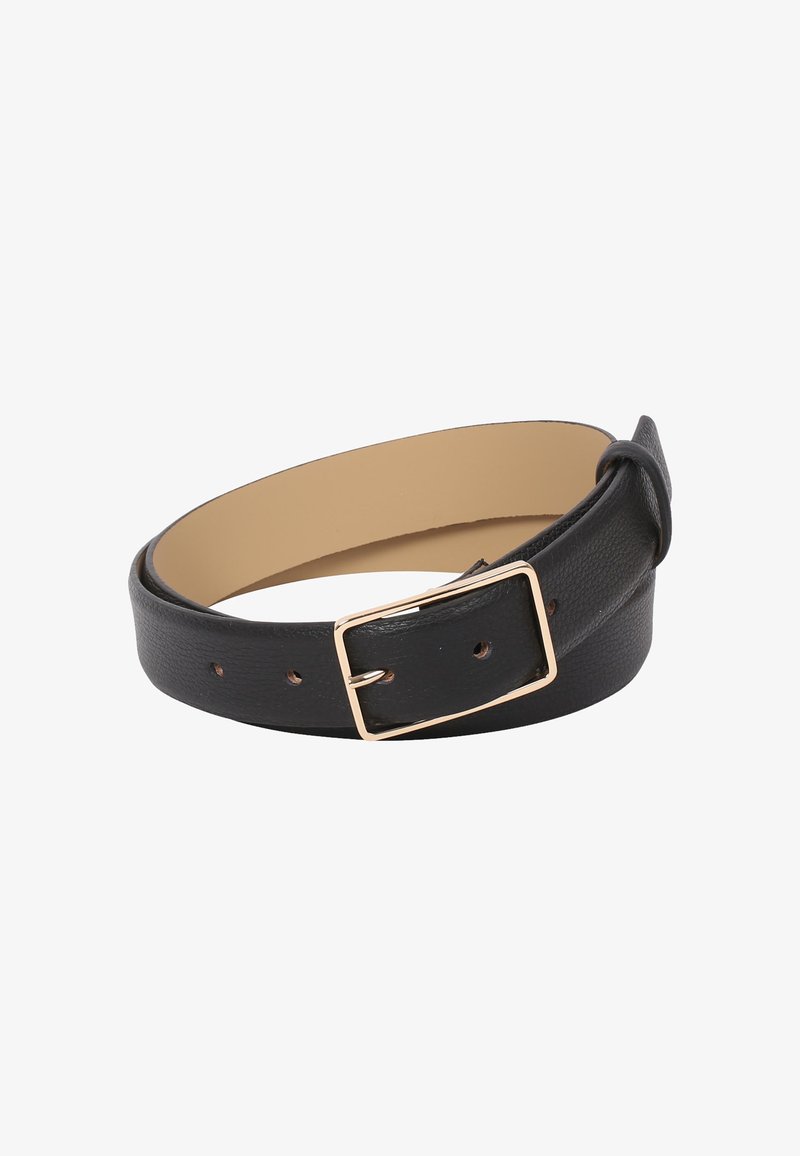 Black leather belt with a textured finish, featuring a gold-tone metal buckle, multiple sizing holes, and a smooth inner lining.