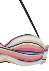 Färgglad bikini�överdel med ribbat mönster, i rosa, vitt och svart horisontella ränder. Inkluderar en justerbar svart rem.