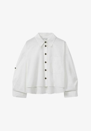Camicetta bianca corta con colletto, apertura frontale con bottoni e taschino sul petto. Presenta maniche lunghe con dettagli a bottone sui polsini.