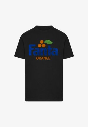 Schwarzes Baumwoll-T-Shirt mit einem bunten Fanta-Logo in Blau, Orange und Grün, ergänzt durch drei orangefarbene Kreise und ein Blatt-Detail.