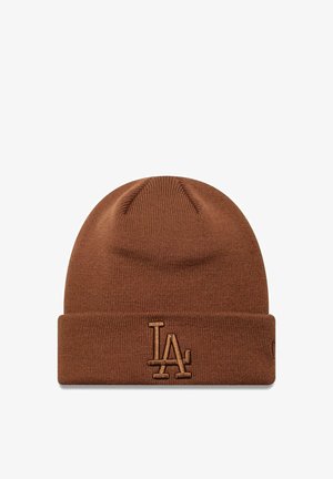 Brown knit beanie with a rolled cuff, featuring an embroidered "LA" logo in matching brown. Soft texture and snug fit.