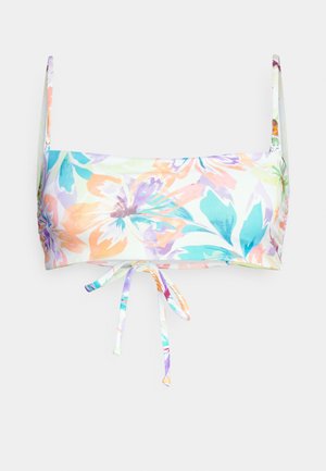 Top de bikini floral cu un model multicolor, bretele ajustabile și o închidere cu nod în centrul. Fabricat dintr-un material neted și elastic.