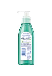 Klare Plastikflasche mit türkisfarbigem Flüssigkeit; Pumpenspender oben; durchsichtiger Aufkleber mit Produktinformationen und Zutaten. 150 ml.