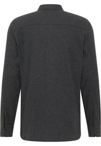 Dunkelgraues Langarmshirt wird von hinten gezeigt, mit geknöpften Manschetten und einem geraden Kragen.