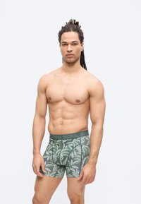 Homme musclé avec dreadlocks portant un boxer vert et gris à motif, debout devant un fond clair uni.