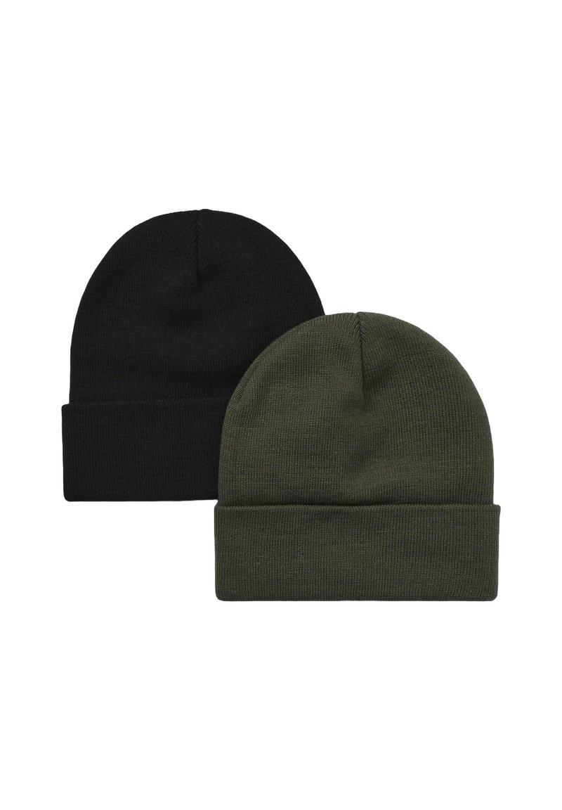 Dwie czapki beanie w kolorze czarnym i ciemnozielonym. Obie są dziane w prążkowany wzór i mają zawinięty brzeg, z okrągłym szczytem.